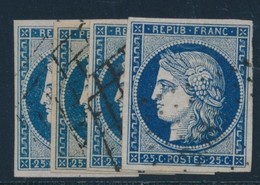 O N°4a (x4 Ex) - Tous Bleu Foncé - 3 Obl. Grille - 1 PC - TB - 1849-1850 Cérès