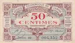 Billet Chambre De Commerce Région économique Du Centre - 50 Centimes - Série 39 -1er Août 1924 - Sans Filigrane - Chambre De Commerce