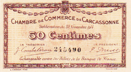 Chambre De Commerce De Carcassonne - 50 Centimes - 23 Novembre 1914 - Sans Filigrane - Chambre De Commerce