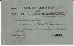 1928 -  ENVELOPPE EMISSION D'un MANDAT POSTE INTERNATIONNAL De LONDON (GB) => MONACO - RARE - Briefe U. Dokumente