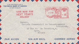 CANADA -  COVER THE ROYAL BANK OF CANADA - EMA QUEBEC 9.III.53 TO LYON FRANCE /2 - Storia Postale