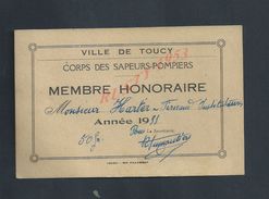 ANCIENNE CARTE MEMBRE HONORAIRE VILLE DE TOUCY CORPS DES SAPEURS POMPIERS Mr HARTER : - Pompiers