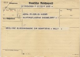 DR - Telegramm/Hauptpostlagernd (!) München - Düsseldorf 1939 - Ohne Umschlag - Brieven