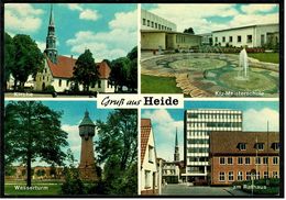 Stadt Heide / Holstein  -  Kirche , Wasserturm , KFZ-Meisterschule , Rathaus  -  Mehrbild-Ansichtskarte Ca. 1976  (7804) - Heide