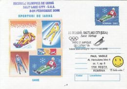 OLYMPIC GAMES, SALT LAKE CITY'02, WINTER, SLED, COVER STATIONERY, ENTIER POSTAL, 2002, ROMANIA - Invierno 2002: Salt Lake City