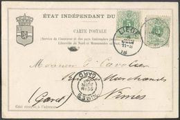 BELGIQUE N°45(2) - 5 Centimes Vert (2 Exemplaires) Obl. Sc LIEGE Apposés Sur Un E.P. Carte Du Congo Belge, Le 6 Juin 189 - Interi Postali