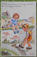 Cp Litho Illustrateur JANSER Couple Enfant Garcon Beche Fille Fillette Sur Mur Avec Chien Layette A Tricoter - Janser