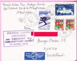 LNL_13 - Première Liaison Lufthansa Paris-Stuttgart-Munich Par Viscount 814 Le 01/04/62 - 1960-.... Covers & Documents