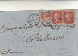 London To Palermo, Cover Via Di Francia Con 1/2 + 1+1 Penny 1878 - Brieven En Documenten