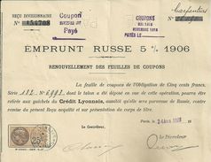 EMPRUNT RUSSE 1906 COUPON 1918 OBLIGATION CINQ CENTS FRANCS CARPENTRAS VAUCLUSE OBLITERATION TIMBRE QUITTANCE BANQUE - Rusia