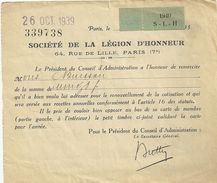 75 PARIS DOCUMENT SOCIETE DE LA LEGION D HONNEUR 1940 TIMBRE COURRIER MILITARIA GUERRE - 1939-45