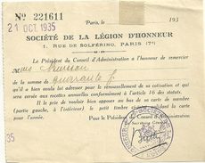 75 PARIS DOCUMENT SOCIETE DE LA LEGION D HONNEUR 1935 COURRIER MILITARIA GUERRE OBLITERATION TAMPON - 1939-45