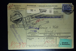 Deutsche Reich Paketkarte  Hohenstein-Ernstthal -> Zurich Schweiz  1922 Mixed Stamps (back - Covers & Documents