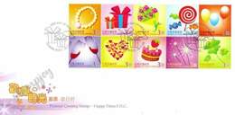 Taiwan Personal Greeting 2009 Balloon Wine Jewellery Gift Flowers Fireworks Cake Candy Sweet Love Heart (stamp FDC) - Cartas & Documentos