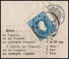 1859 Kék Hírlapbélyeg  2 Oldalon Nagy Randdal, 2 Oldalon Bevágva újvidéki Szerb újságon / Blue Newspaper Stamp With Nice - Altri & Non Classificati