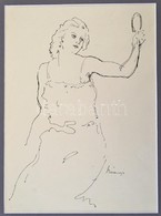 Belányi Viktor (1877-1955): Nő Tükörrel, Tus, Papír, Jelzett, Paszpartuban, 32,5×23,5 Cm - Altri & Non Classificati