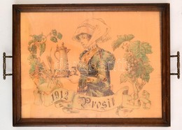 1912 Füles Tálca 'Prosit' Felirattal, Festett Pirogravír üveg Lap Borítással, Kis Repedéssel, 56×39 Cm - Altri & Non Classificati