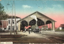 T2/T3 Sziszek, Sisak; Kolodvor / Vasútállomás, Gőzmozdony. S. Jünker Kiadása / Railway Station, Locomotive (kis Szakadás - Non Classés