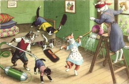 T2/T3 Cats Cleaning The House, Little Cat Stuck In The Vacuum Cleaner. Alfred Mainzer ALMA No. 4857. Colorprint B. (glue - Non Classificati