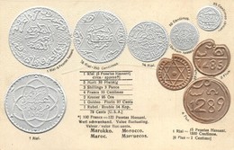 ** T1 Morocco - Set Of Moroccan Coins, Currency Exchange Chart. Walter Erhard Emb. Litho - Non Classificati