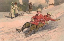 ** T1 Sledding Ladies. Meissner & Buch Künstler-Postkarten Serie 1800. Sport Im Winter. Litho - Non Classés