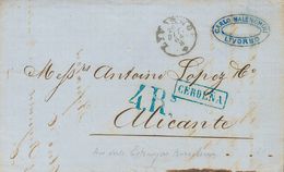 1 SOBRE 1864. LIVORNO A ALICANTE. Marca CERDEÑA, En Azul Aplicada En Tránsito Por La Junquera Para Indicar El Origen (P. - ...-1850 Voorfilatelie