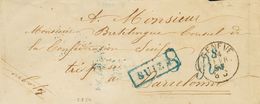 1 SOBRE 1857. GINEBRA (SUIZA) A BARCELONA. Marca Rectangular SUIZA, En Azul De La Junquera, Aplicada Para Indicar El Ori - ...-1850 Prephilately