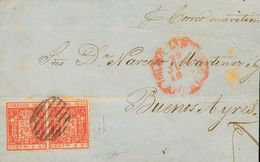 1 SOBRE 25(2) 1854. 2 Reales Rojo, Pareja. Frontal De SEVILLA A BUENOS AIRES (ARGENTINA). En El Frente Manuscrito "Corre - Otros & Sin Clasificación