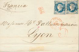 1 SOBRE 59(2) 1863. 12 Cuartos Azul, Dos Sellos. SEGORBE A LYON (FRANCIA). Matasello Francés ROMBO DE CIFRAS GRANDES Nº2 - Other & Unclassified