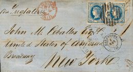 1 SOBRE 68(2) 1864. 2 Reales Azul, Pareja. Frontal De BARCELONA A NUEVA YORK (U.S.A.), Circulada Por La Vía De Londres.  - Sonstige & Ohne Zuordnung