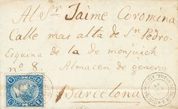 1 SOBRE 75 1865. 4 Cuartos Azul. MOLINS DE REY A BARCELONA. Matasello Ambulante VALENCIA A BARCELONA / AMB.ASCTE. MAGNIF - Other & Unclassified