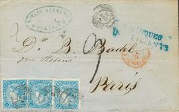 1 SOBRE 75(3) 1865. 4 Cuartos Azul, Tres Sellos. TORTOSA A PARIS (FRANCIA). Matasello TORTOSA / TARRAGONA, En El Frente  - Other & Unclassified