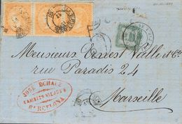 1 SOBRE 89A(3) 1867. 12 Cuartos Naranja, Tres Sellos. BARCELONA A MARSELLA (FRANCIA). Matasello BARCELONA / (2). MAGNIFI - Sonstige & Ohne Zuordnung