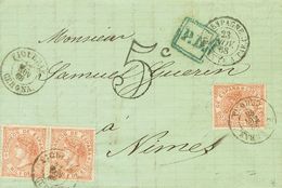 1 SOBRE 96(3) 1868. 50 Mils Castaño Amarillo, Tres Sellos. FIGUERAS A NIMES (FRANCIA). Matasello FIGUERAS / GERONA. MAGN - Other & Unclassified