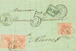 1 SOBRE 96(3) 1868. 50 Mils Castaño Amarillo, Tres Sellos. FIGUERAS A NIMES (FRANCIA). Matasello FIGUERAS / GERONA. MAGN - Otros & Sin Clasificación