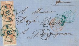 1 SOBRE 96(3) 1868. 50 Mils Castaño Amarillo, Tres Sellos. DARNIUS A PERPIÑAN (FRANCIA). Matasello R.CARRETA Nº61, En Az - Sonstige & Ohne Zuordnung