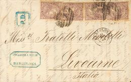 1 SOBRE 98(4) 1869. 50 Mils Violeta, Cuatro Sellos. BARCELONA A LIVORNO (ITALIA). MAGNIFICA E INUSUAL COMBINACION DE FRA - Other & Unclassified