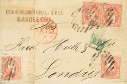 1 SOBRE 108(4) 1870. 100 Mils Castaño Rojo, Cuatro Sellos. BARCELONA A LONDRES (INGLATERRA). MAGNIFICA Y RARISIMA COMBIN - Other & Unclassified
