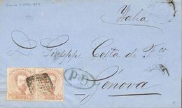 1 SOBRE 124(2) 1873. 25 Cts Castaño, Pareja. BARCELONA A GENOVA (ITALIA). Franqueo De Porte Simple (50 Cts) A Italia. MA - Other & Unclassified