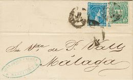 1 SOBRE 154F, 184 1875. 10 Cts Azul Y 5 Cts Verde FALSO POSTAL TIPO UNICO (Impuesto De Guerra). BARCELONA A MALAGA. MAGN - Autres & Non Classés