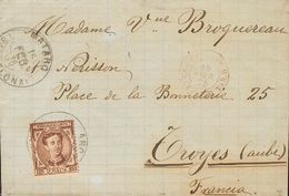 1 SOBRE 177 1878. 25 Cts Castaño. MATARO A TROYES (FRANCIA). Matasello Tipo Trébol MATARO / (BARCELONA). MAGNIFICA Y RAR - Other & Unclassified