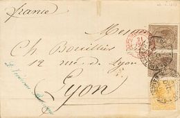 1 SOBRE 191, 192(2) 1878. 5 Cts Amarillo (doblez De Archivo) Y 10 Cts Castaño, Pareja. BARCELONA A LYON (FRANCIA). Matas - Other & Unclassified