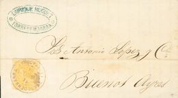 1 SOBRE 206 1884. 50 Cts Amarillo. TORREDEMBARRA A BUENOS AIRES (ARGENTINA). Matasello Trébol TORREDEMBARRA / (TARRAGONA - Other & Unclassified