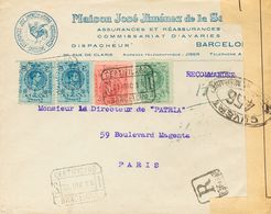 1 SOBRE 268, 269, 274(2) 1918. 5 Cts Verde, 10 Cts Rojo Y 25 Cts Azul, Pareja. Certificado De BARCELONA A PARIS. Al Dors - Other & Unclassified