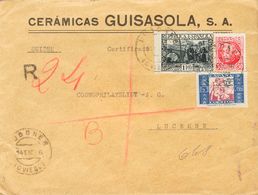 1 SOBRE 693, 687 1936. 1 Pts Pizarra, 30 Cts Carmín Y 5 Cts Azul Y Violeta De Beneficencia. Certificado De LUGONES (OVIE - Other & Unclassified