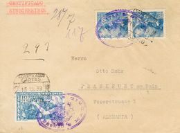 1 SOBRE 887, 929(2) 1939. 70 Cts Ultramar, Dos Sellos Y 10 Cts Azul. Certificado De MADRID A FRANKFURT (ALEMANIA). Al Do - Otros & Sin Clasificación