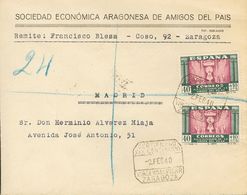 1 SOBRE 893(2) 1940. 40 Cts+10 Cts Verde Y Rosa, Pareja. ZARAGOZA A MADRID. Al Dorso Llegada. MAGNIFICA. - Autres & Non Classés