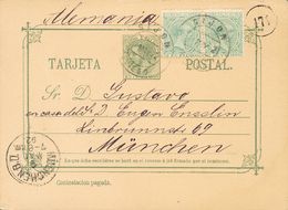 1 SOBRE EP12v 1892. 15 Cts Verde Sobre Tarjeta (de Vuelta) Entero Postal De GIJON A MUNICH (ALEMANIA), Con Franqueo Comp - Neufs