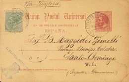 1 SOBRE 1886. 10 Cts Carmín Sobre Tarjeta Entero Postal De BARCELONA A SANTO DOMINGO (REPUBLICA DOMINICANA), Con Franque - Ongebruikt