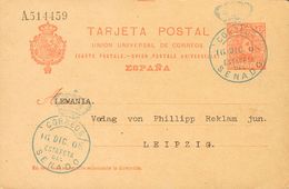 1 SOBRE EP47 1908. 10 Cts Naranja Sobre Tarjeta Entero Postal De MADRID A LEIPZIG. Matasello CORREOS / ESTAFETA / DEL /  - Ongebruikt